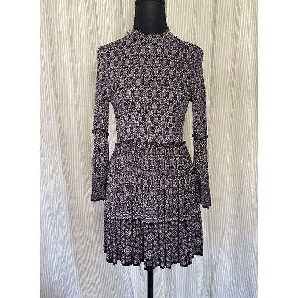 Womens Boho Mini Dress Small Black Purple Floral High Neck Long Sleeve Rayon - Picture 1 of 8